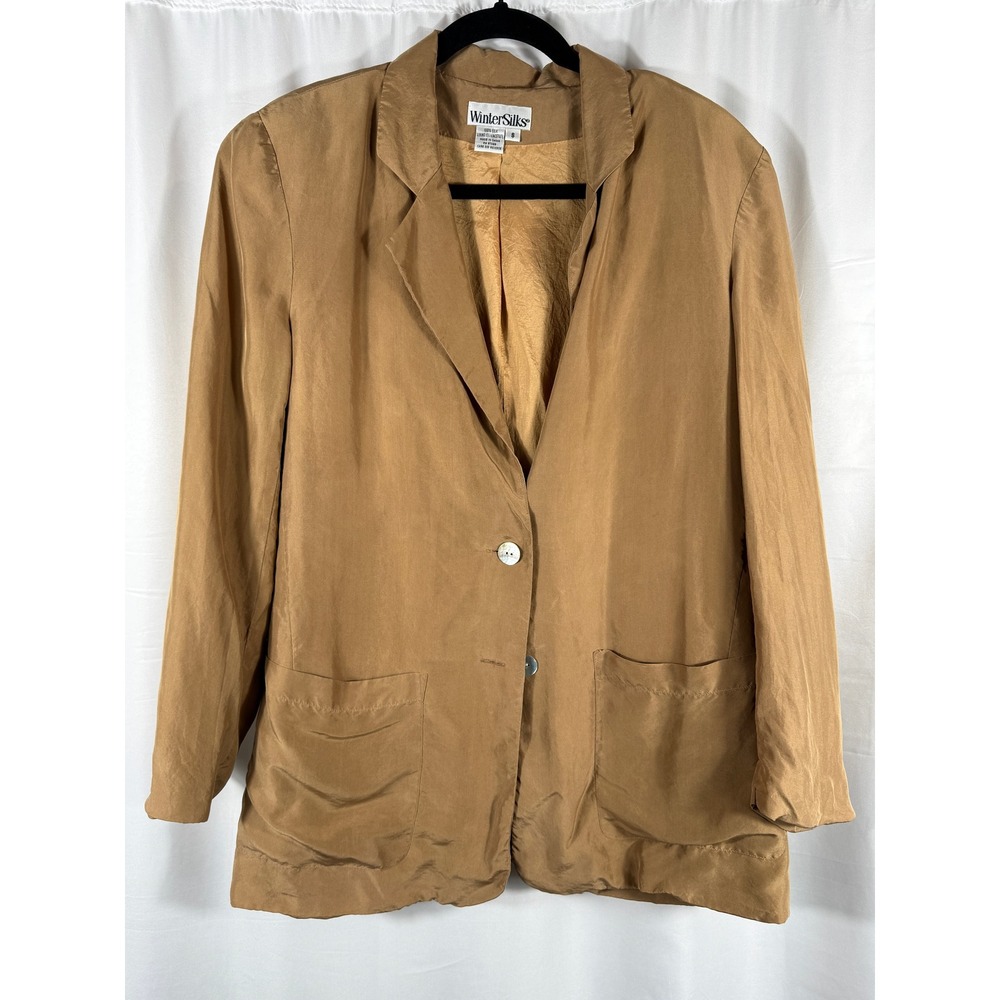 WinterSilks Silk Blazer Jacket Womens Size‎ S Camel Brown Double Button